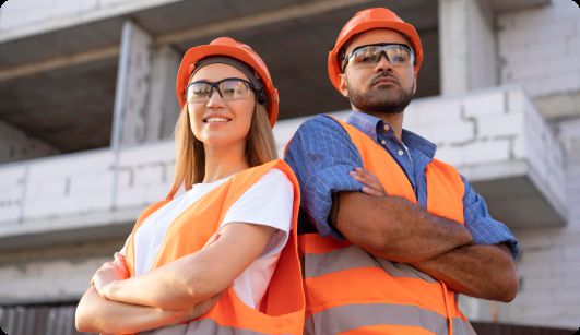 Profissionais de saúde e segurança do trabalho usando capacete, óculos e colete de proteção